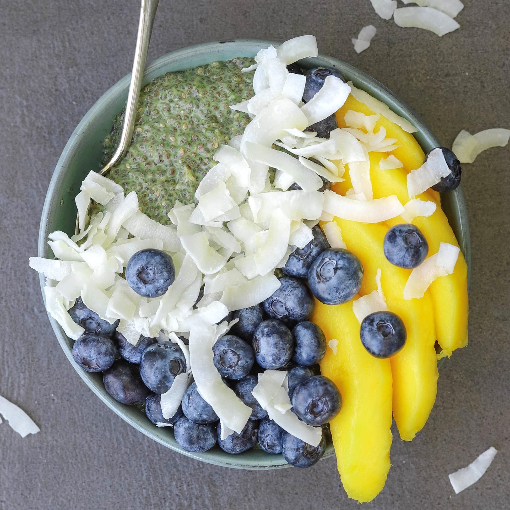 matcha chia pudding with coconut and grapes
